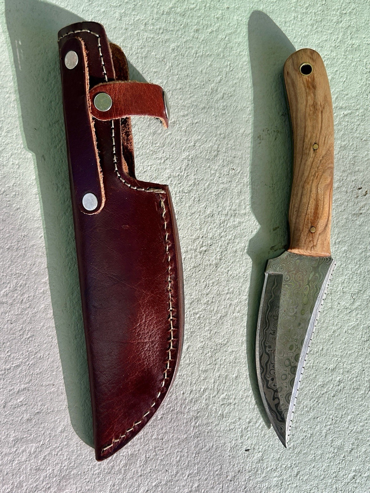 Custom Handmade Damascus Steel Knife 4⅜ Blade Burl Wood Handle w/ Leather Sheath