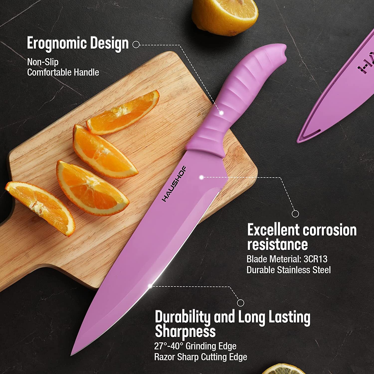 HAUSHOF Kitchen Knife Set 6PC Non-Stick Coated Stainless Steel Blades for Dicing