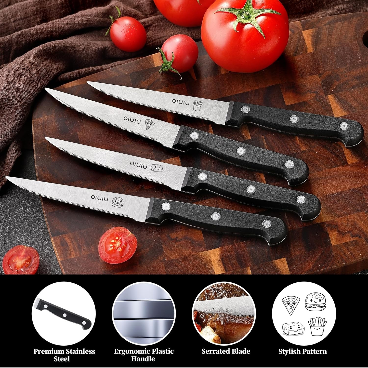 Steak Knives Set of 4, Stainless Steel Serrated Steak Knife Set, Dishwasher Safe