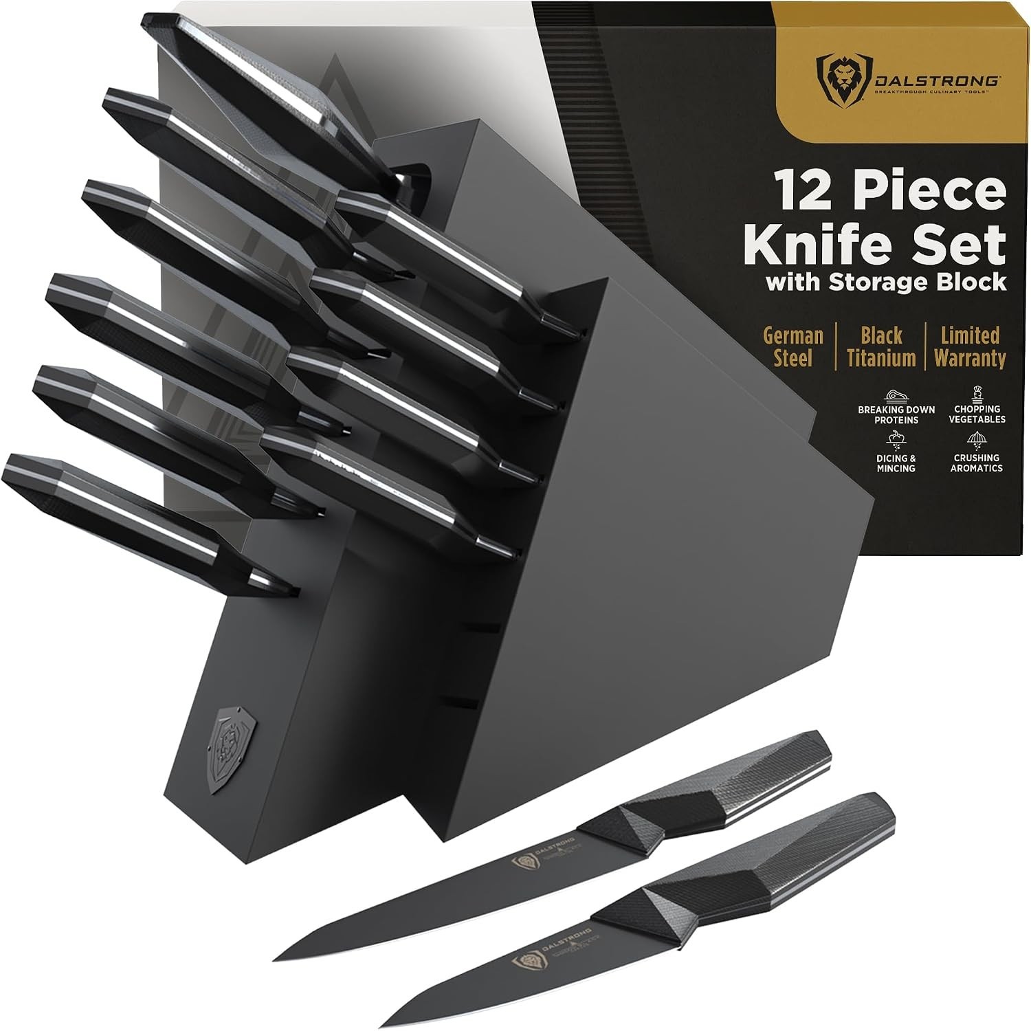 12-Piece Knife Block Set — All-Black Titanium-Coated Blades, 15° Honbazuke Ed…