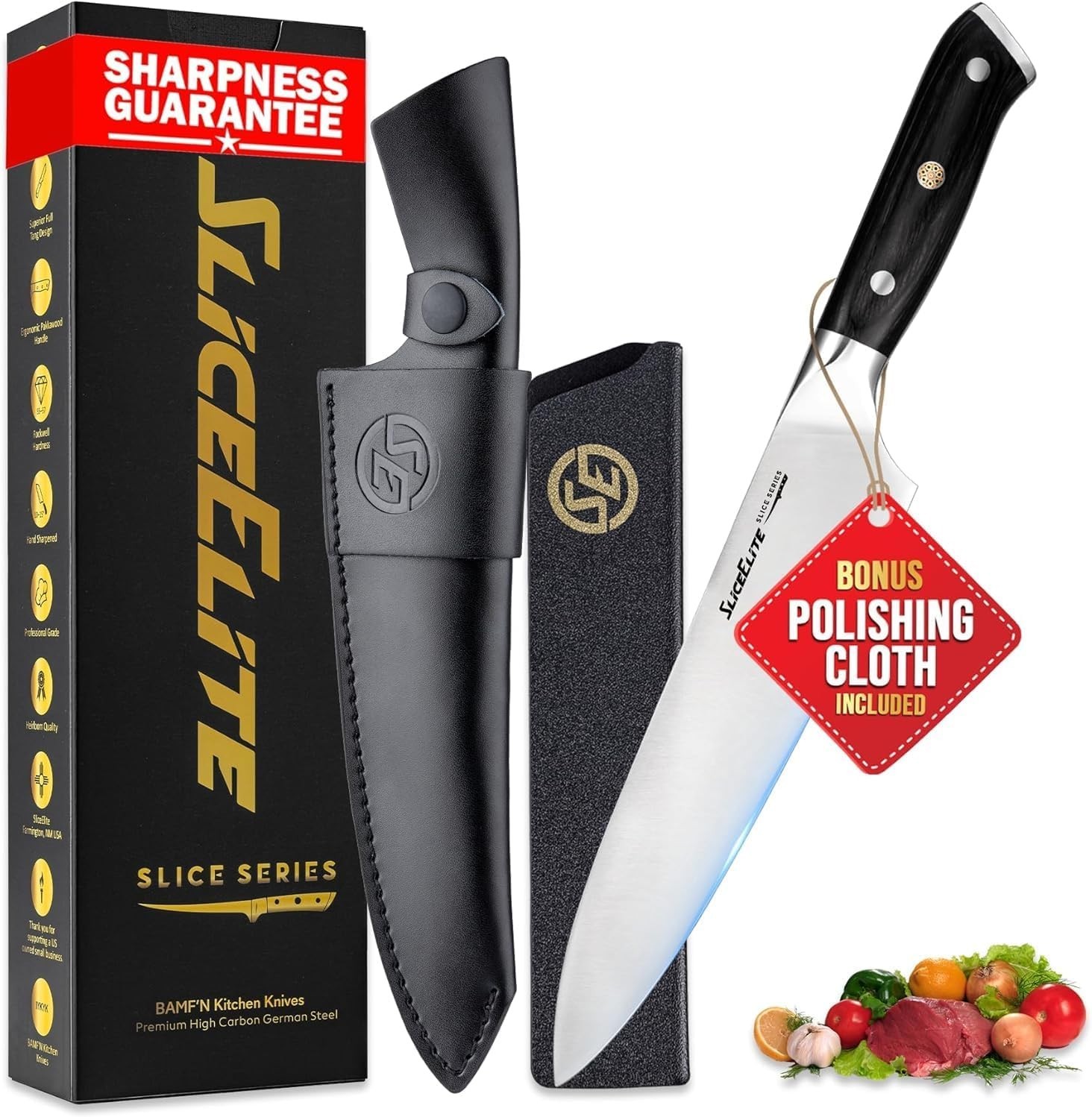 SliceElite 8 Inch Chef Knife High Carbon German Steel Pakkawood Handle Sharp