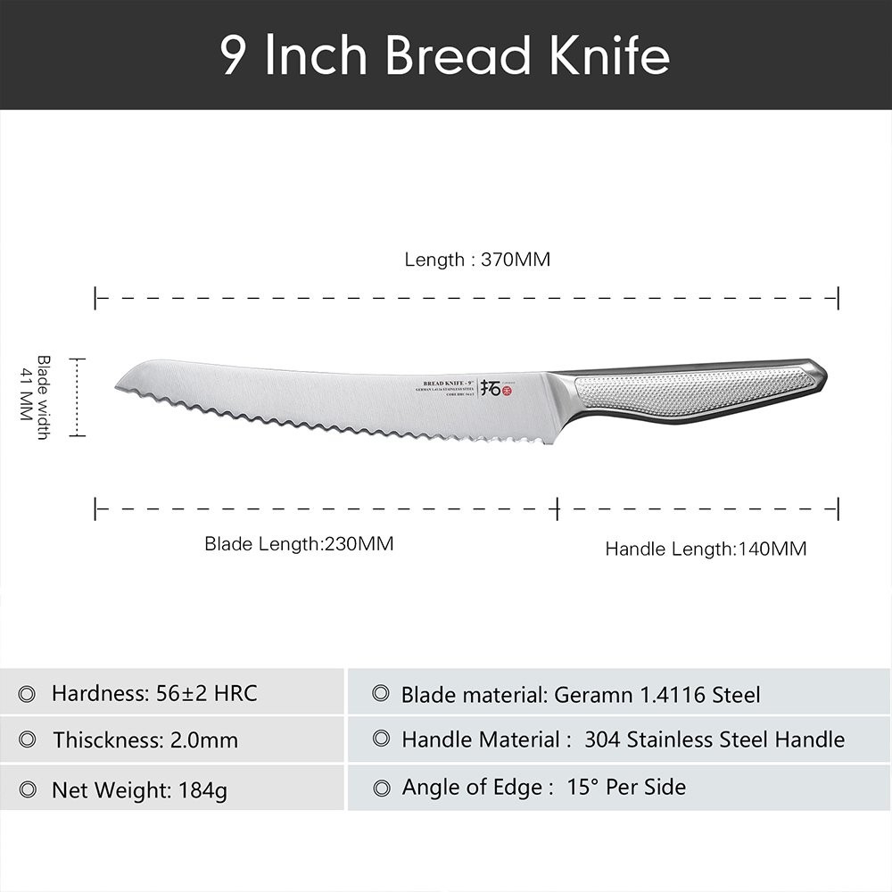 TURWHO 9inch Bread Knife German Stainless Steel Knives Kitchen Knife with Handle