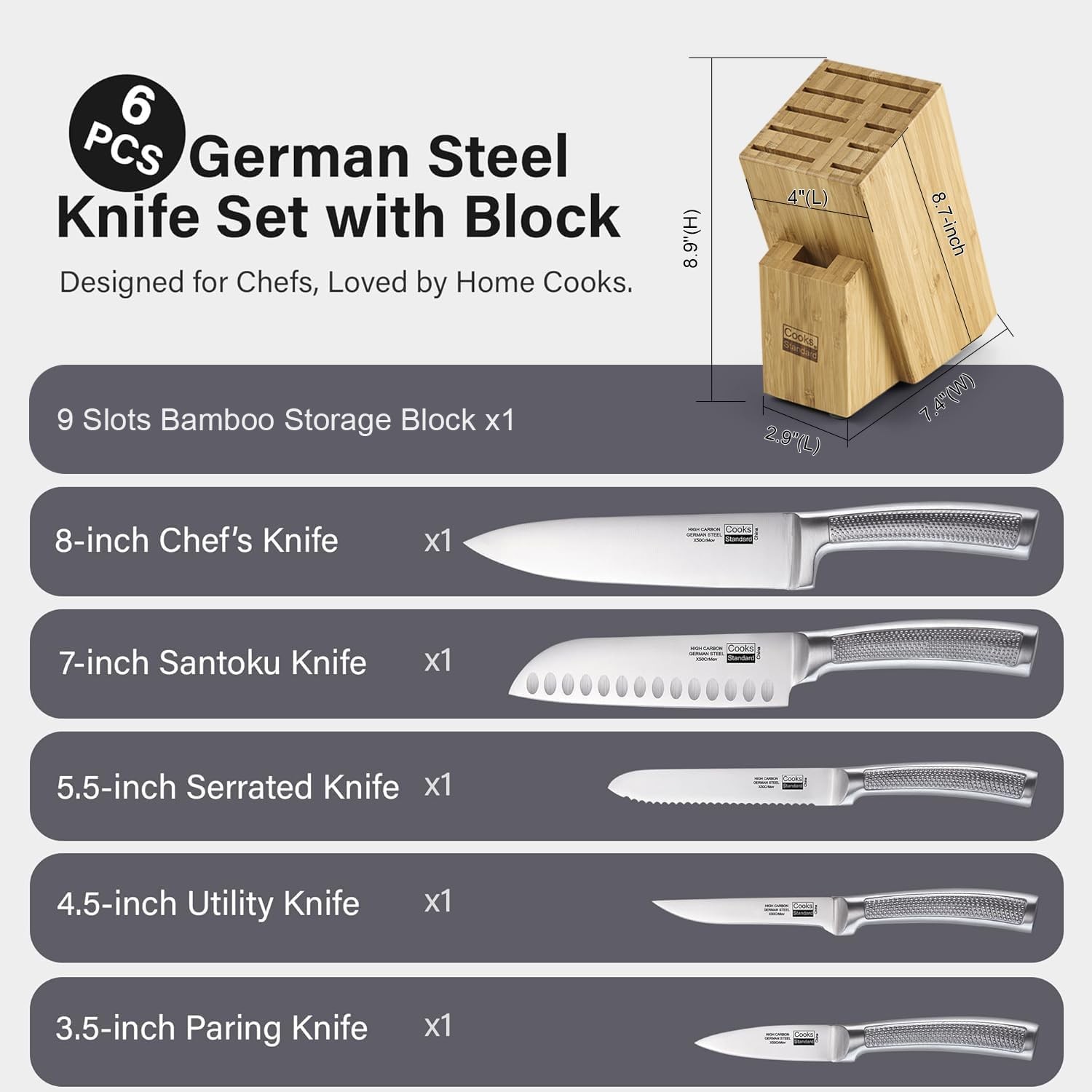Classic Bamboo Kitchen Cutlery Block Set with Knifes, Stainless Steel Forge High