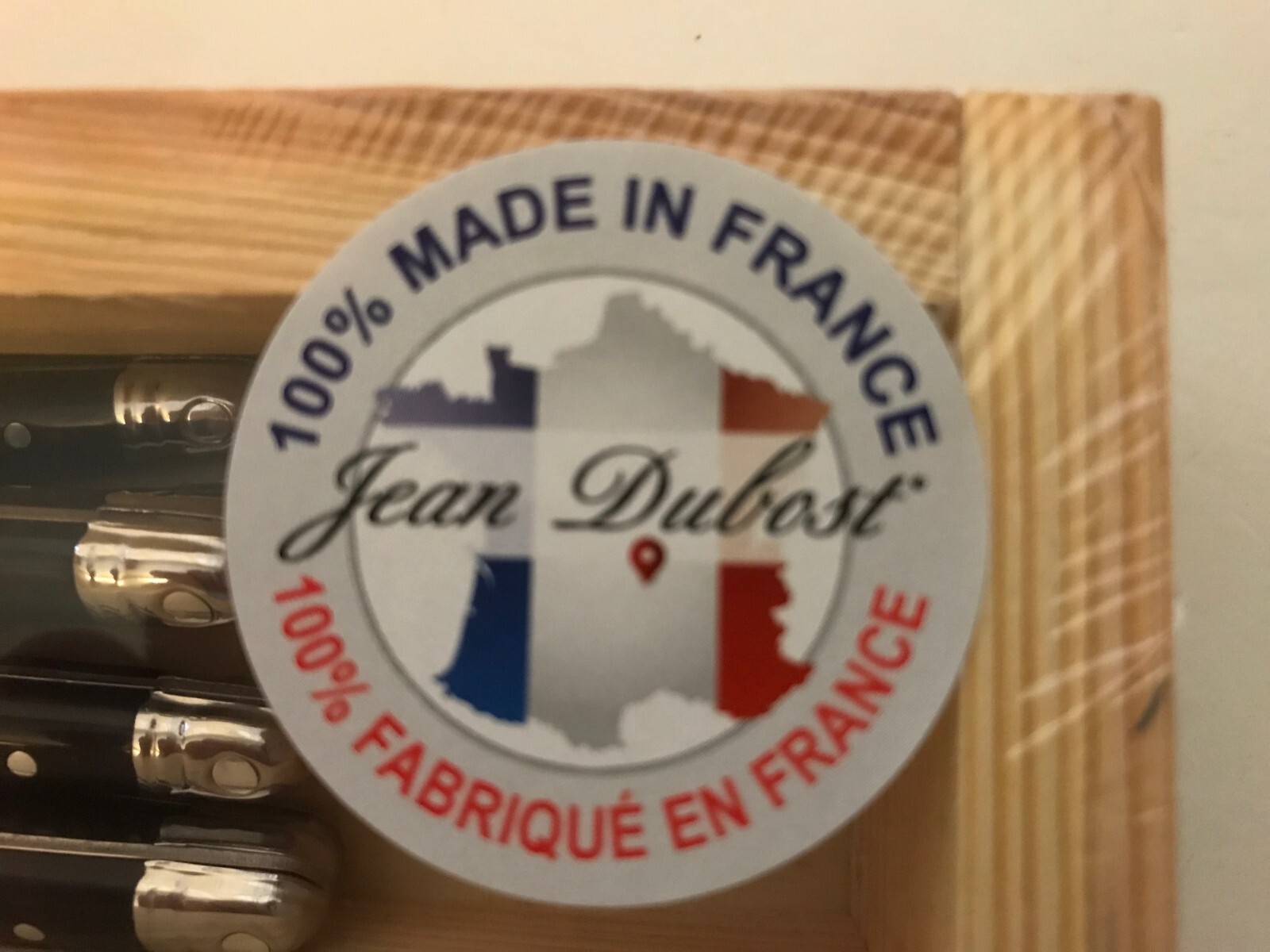 Set of 6 authentic French Jean Dubost Laguiole steak knives blue white red NEW
