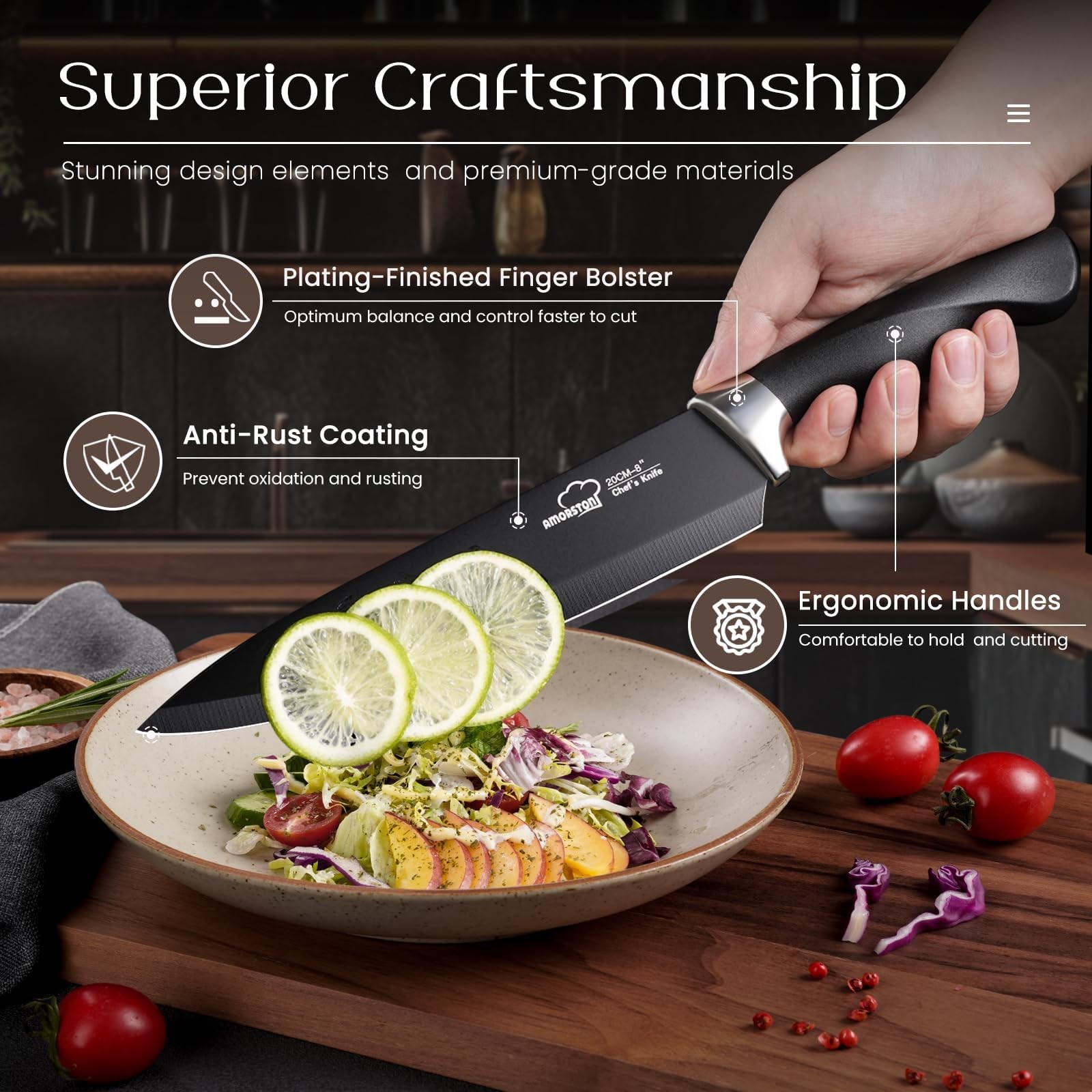 Knife Set, Amorston 21 Pieces Kitchen Set with Block and Sharpener, Ultra-Sharp