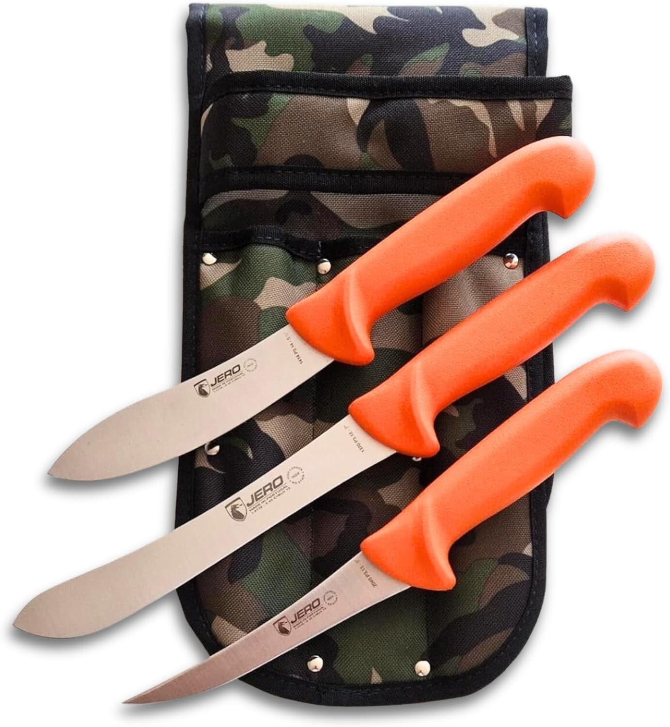Jero Hunter Knife Set With Camo Scabbard – Orange Handles With High-Carbon …