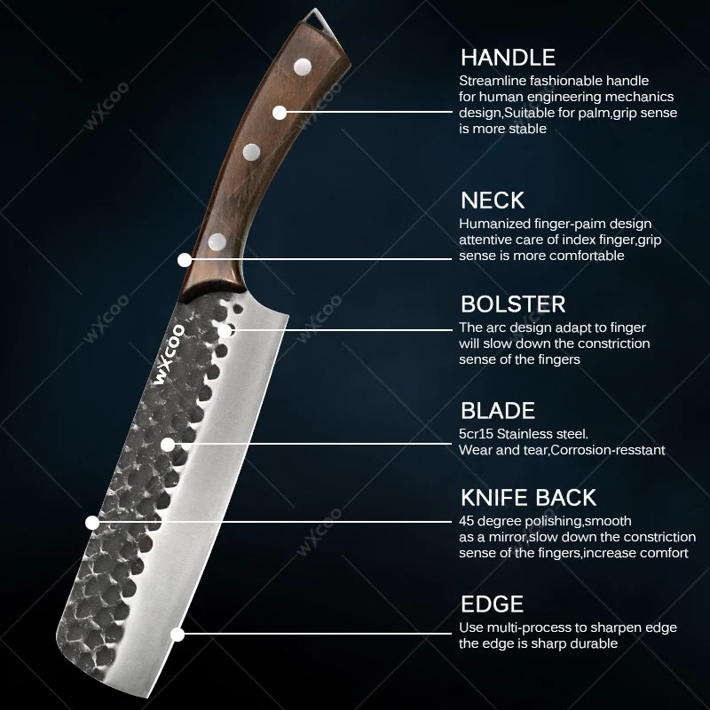 Stainless Steel Meat Cleaver Cooking Fruit Slicing Wooden Handle Butcher Knife