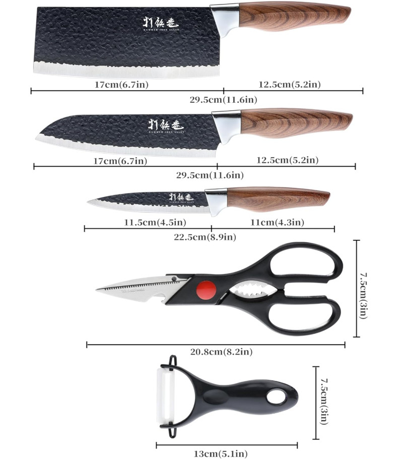 5 Piece Kitchen Knife Set – Chef Cleaver Santoku Utility Knives Scissors Peeler