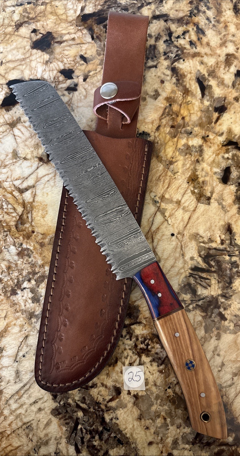 13” Damascus Serrated Bread Knife W/ Multi Colored Wood Handle & Leather Sheath