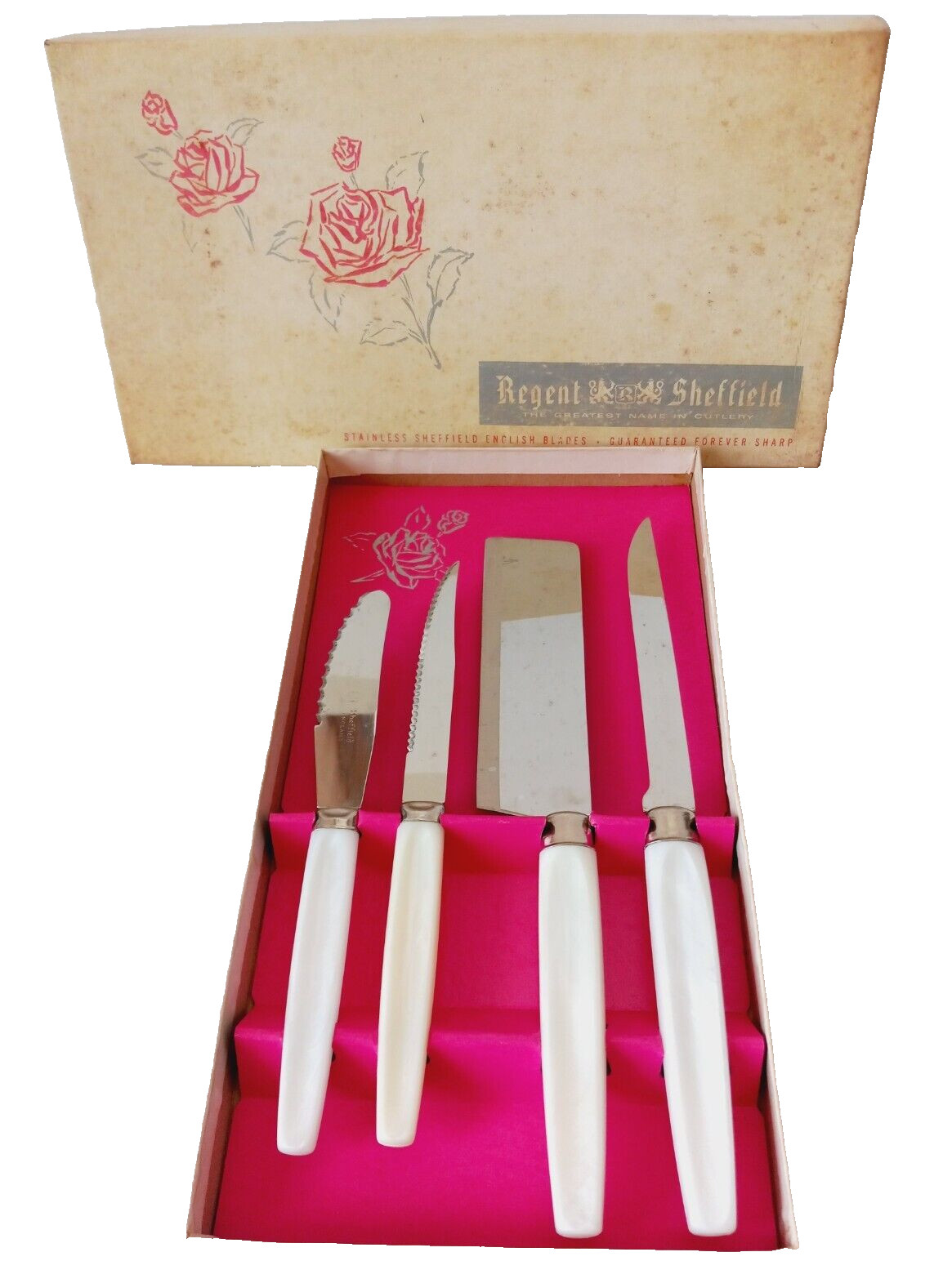 Vtg Regent Sheffield Knives Cleaver Set Stainless Forever Sharp Lucite Box MCM