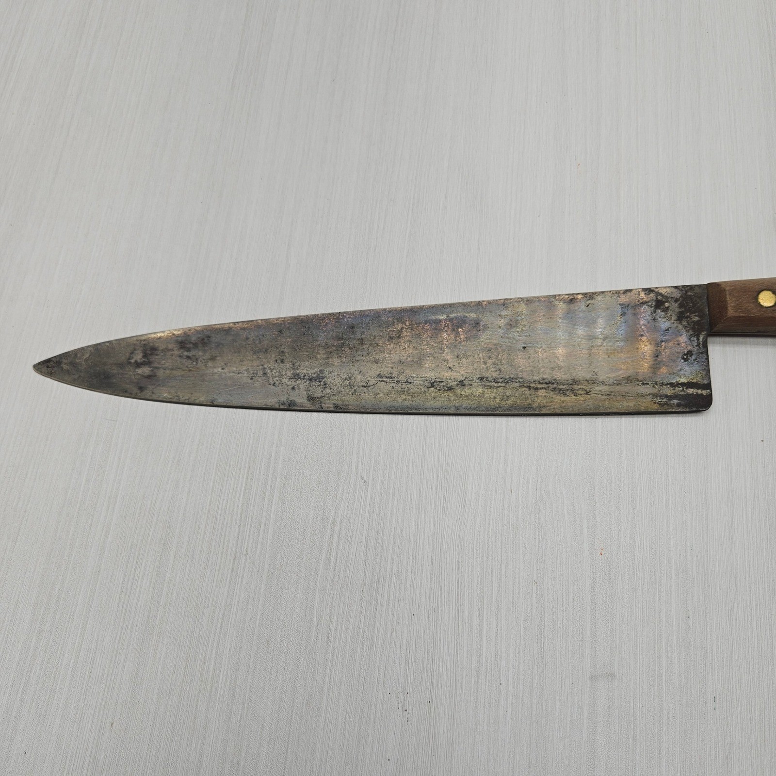 Vintage Carbon Steel Chef Knife 10.5 Inch Blade Wood Handle Full Tang Antique