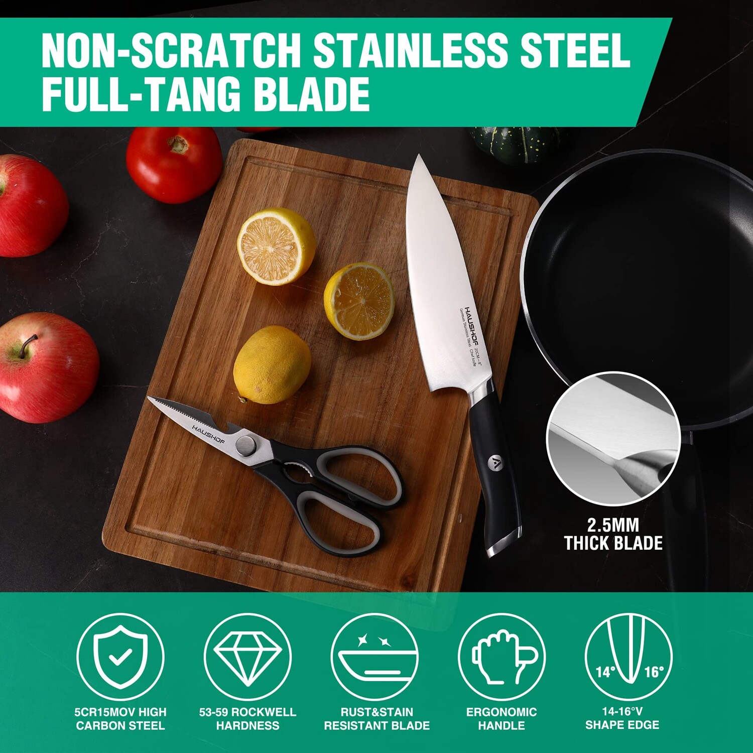 HAUSHOF 15-Pieces Kitchen Knife Set Stainless Steel w/ Sharpener Rod &Wood Block