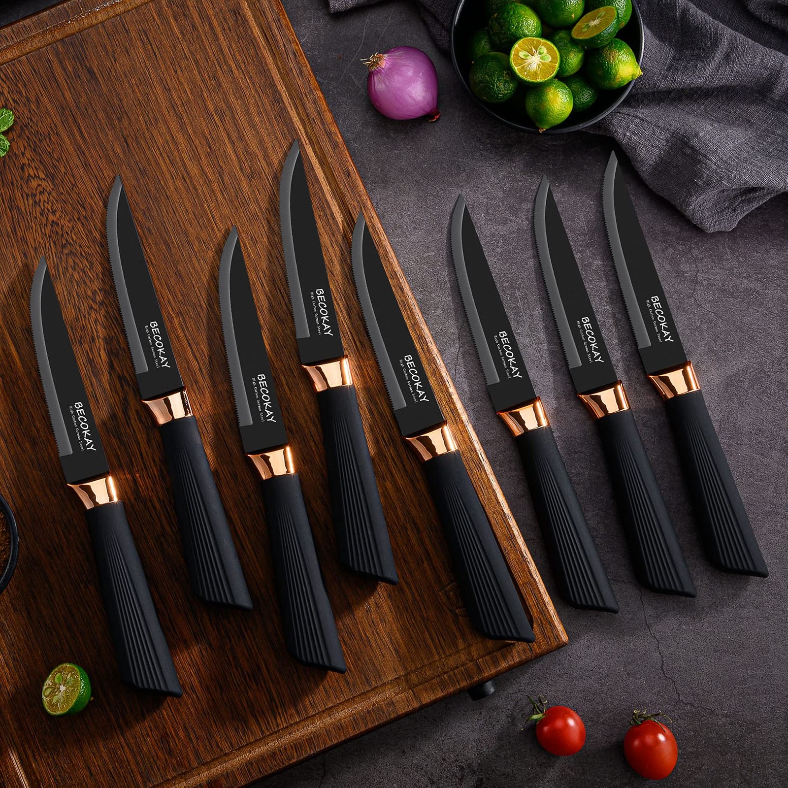 8 PCS Steak Knives Set German Steel Serrated Ergonomic Soft Touch Handle Black