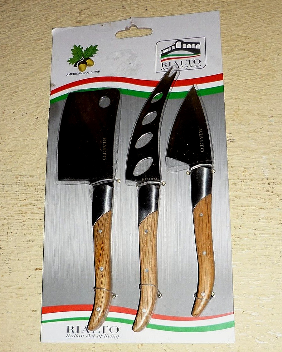 3 pc RIALTO CHEESE KNIFE SET with AMERICAN SOLID OAK WOOD HANDLES. NEW original