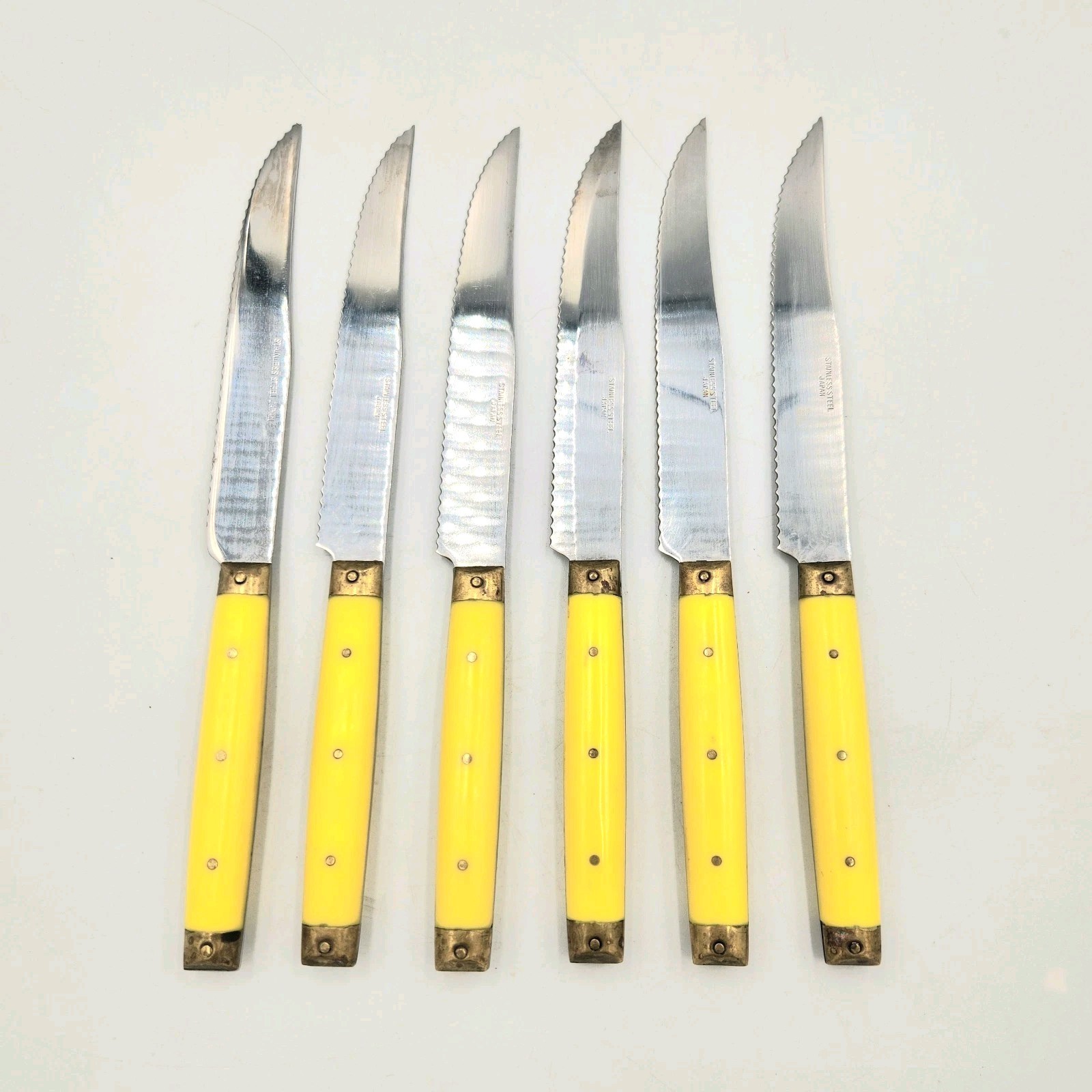 Vintage MCM Takahashi Steak Knife Set Of 6 Yellow Brass Stainless Steel Japan