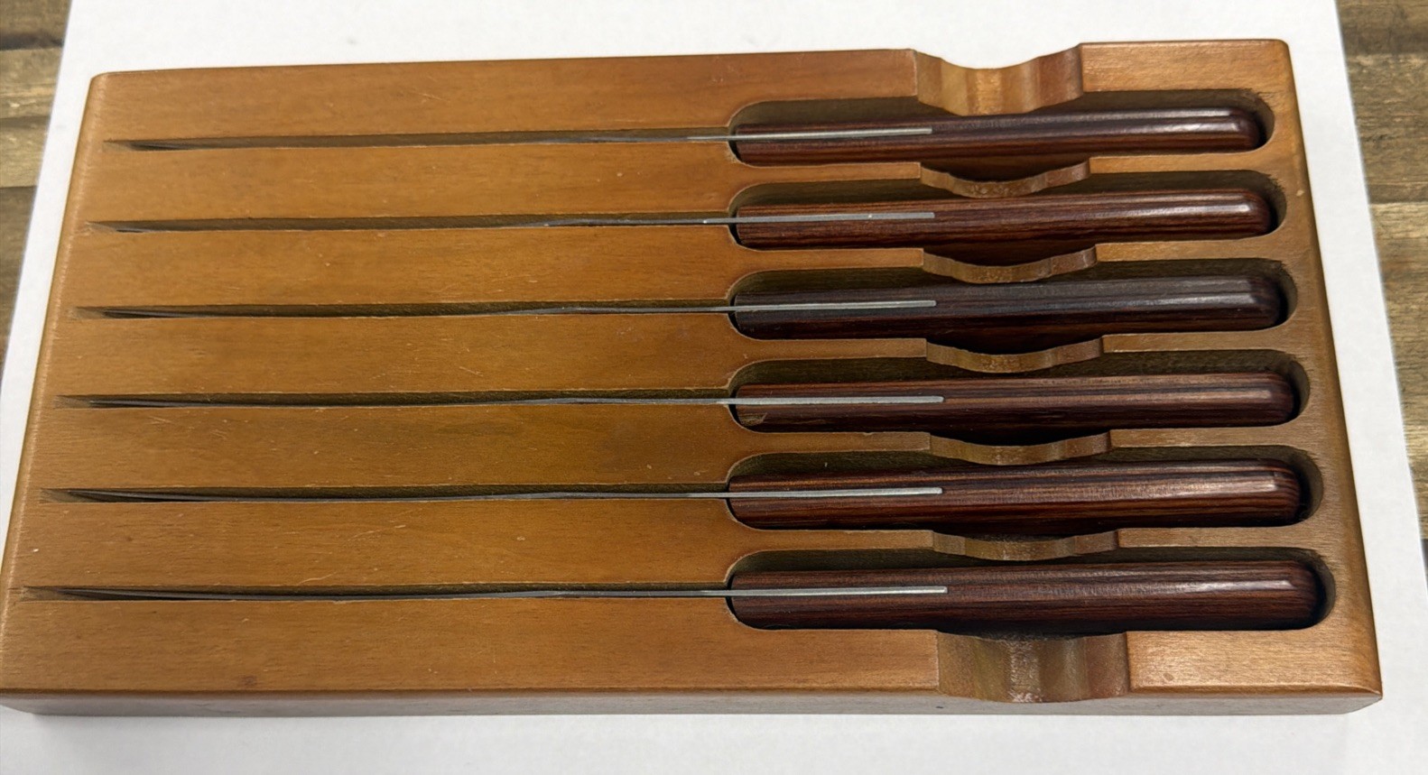 Vintage Boker Tree Brand Serrated Steak Knives ~ Set of 6 with Wood Rack
