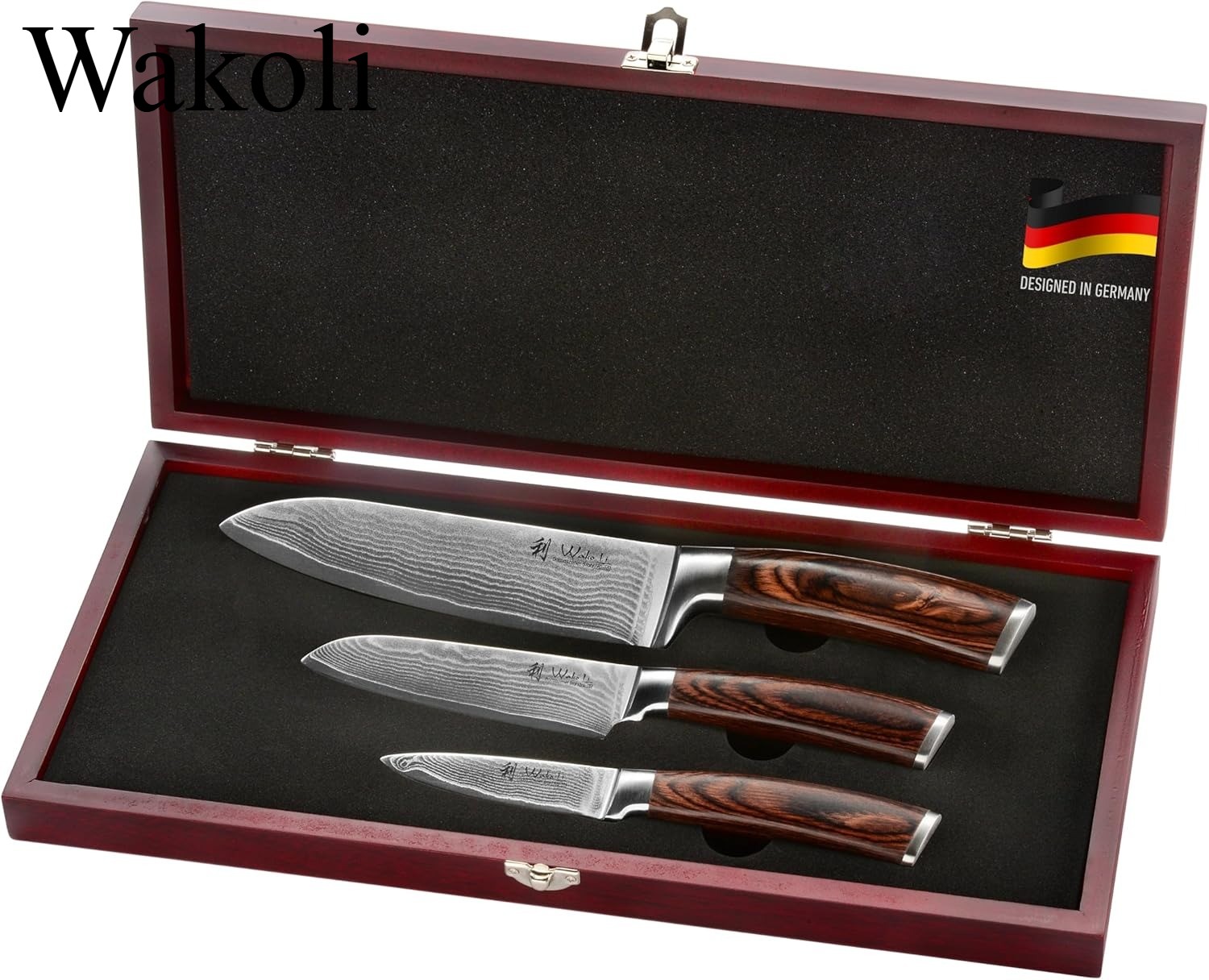 Wakoli EDIB 3-Piece Damascus Kitchen Knife Set in Wooden Gift Box