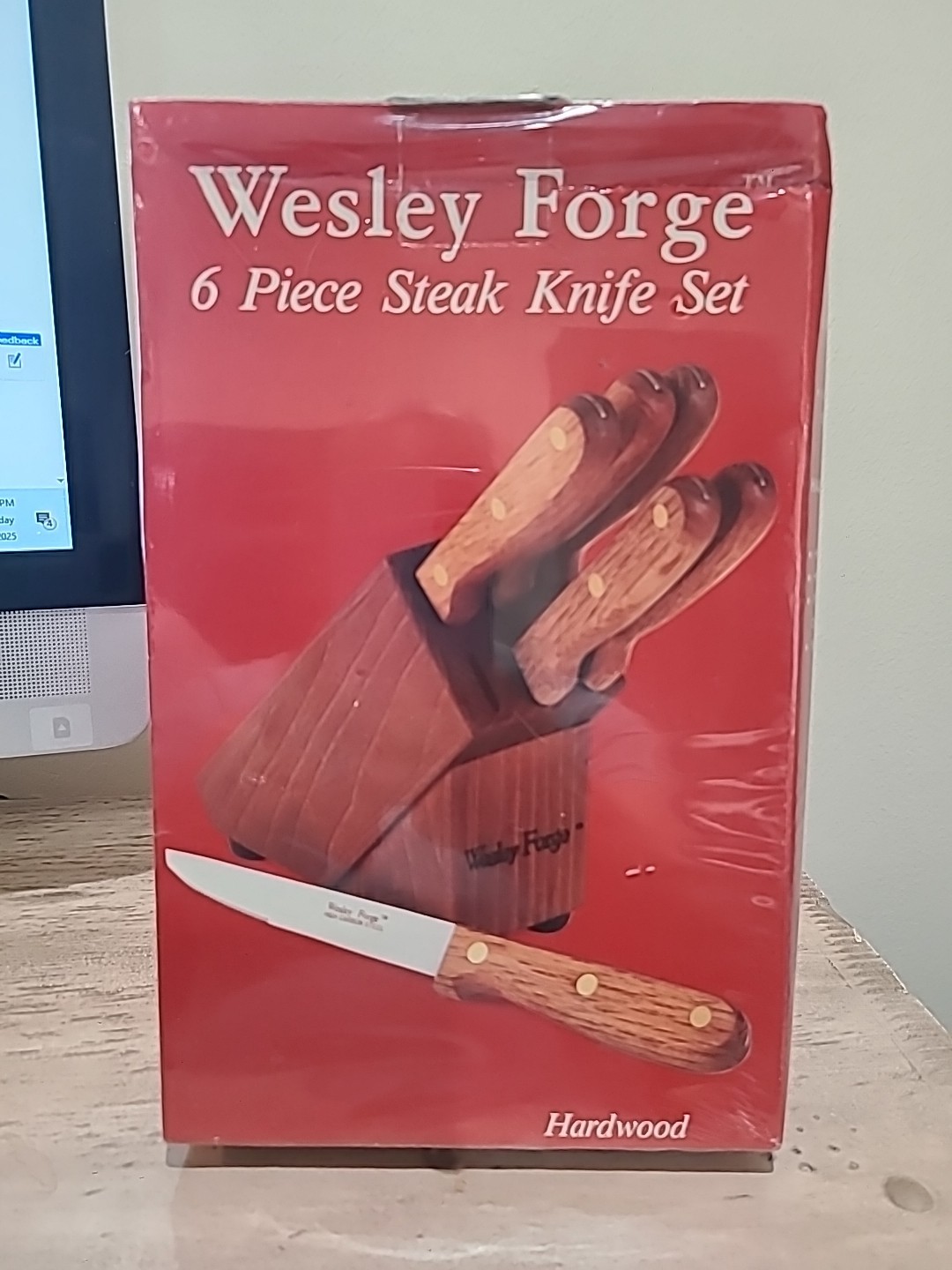 Vintage Wesley Forge 6 steak knives set high carbon stainless steel, wood block