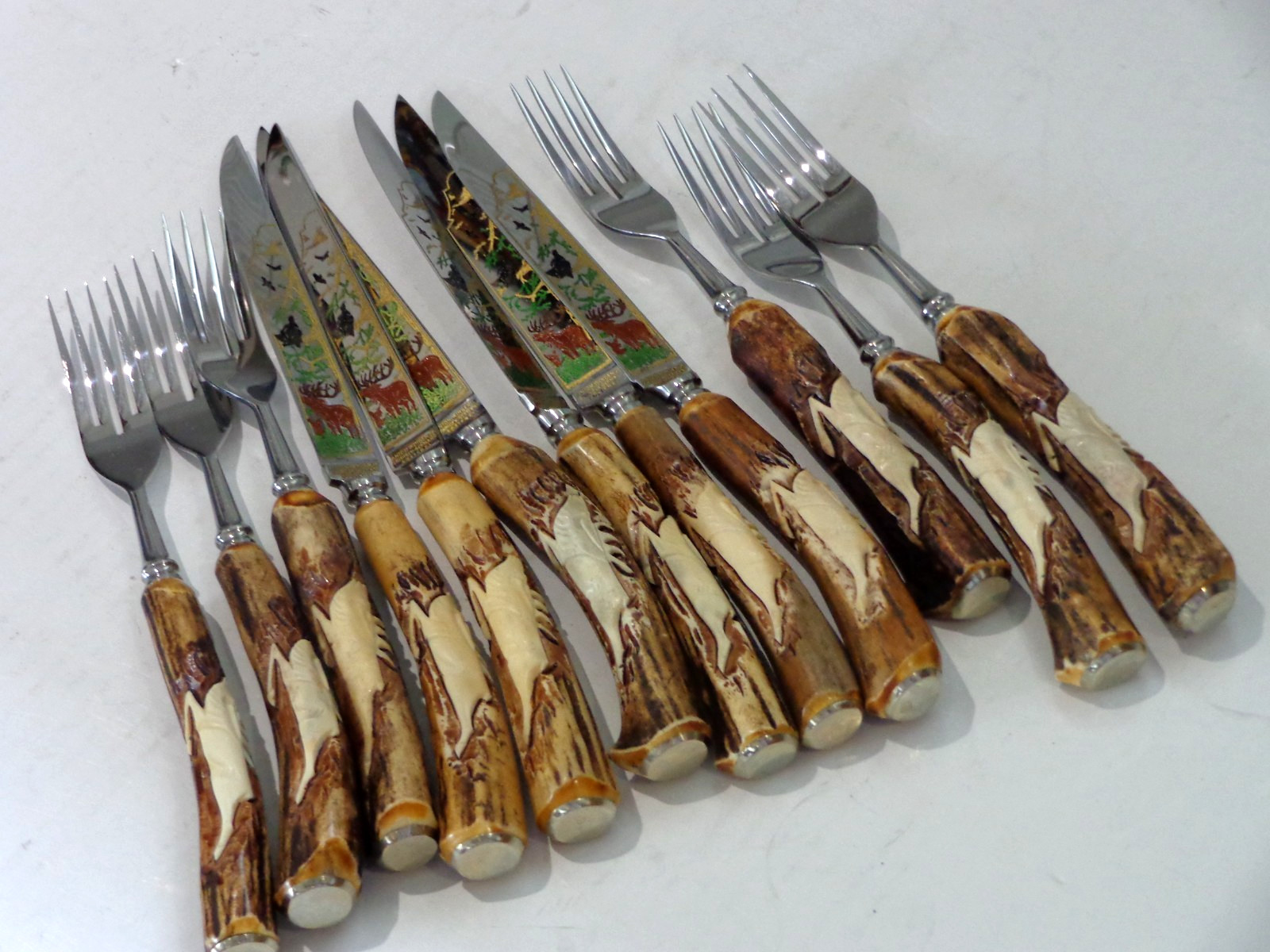 Vintage Anton Wingen Solingen Germany Stag Antler 12 Pc Knives & Forks