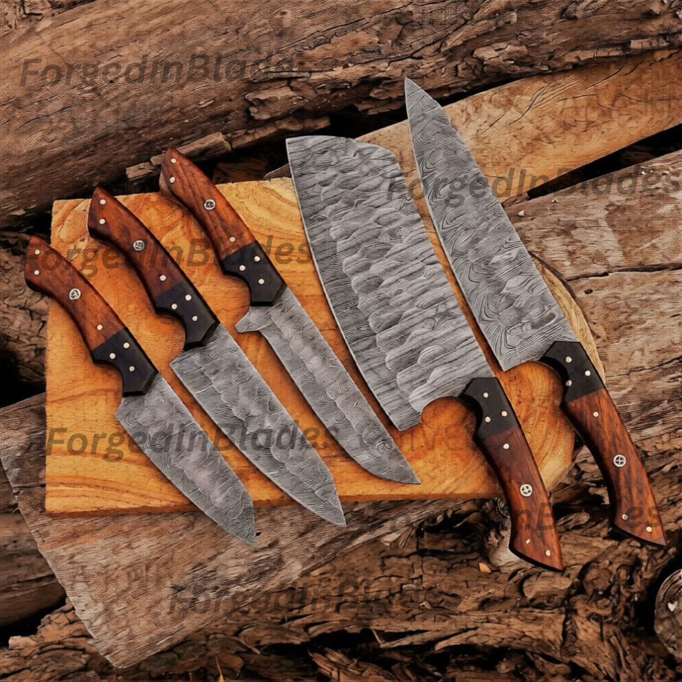 5Pc Custom Damascus Kitchen Knife Set Full Tang Cleaver BBQ Camping Chef Gift.