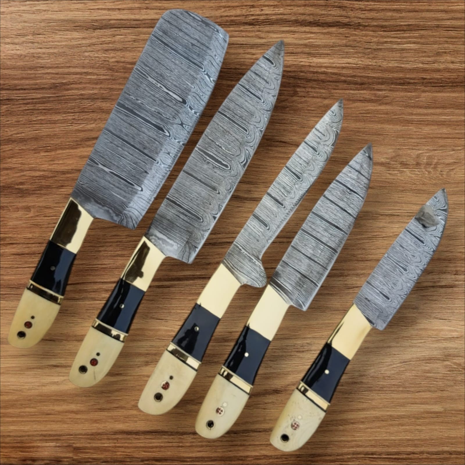 Piece Damascus Chef Knife Set – Handmade Kitchen Knives with Bone & Brass