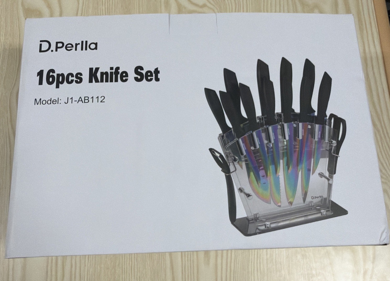16-Piece Knife Set with Rainbow Titanium Coating – Includes Serrated Steak Knive