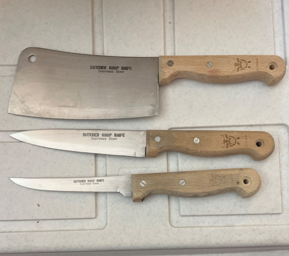 Butcher Shop Knife Set of 3: Cleaver, Slicer, Boning Knife, Stainless Steel Wood