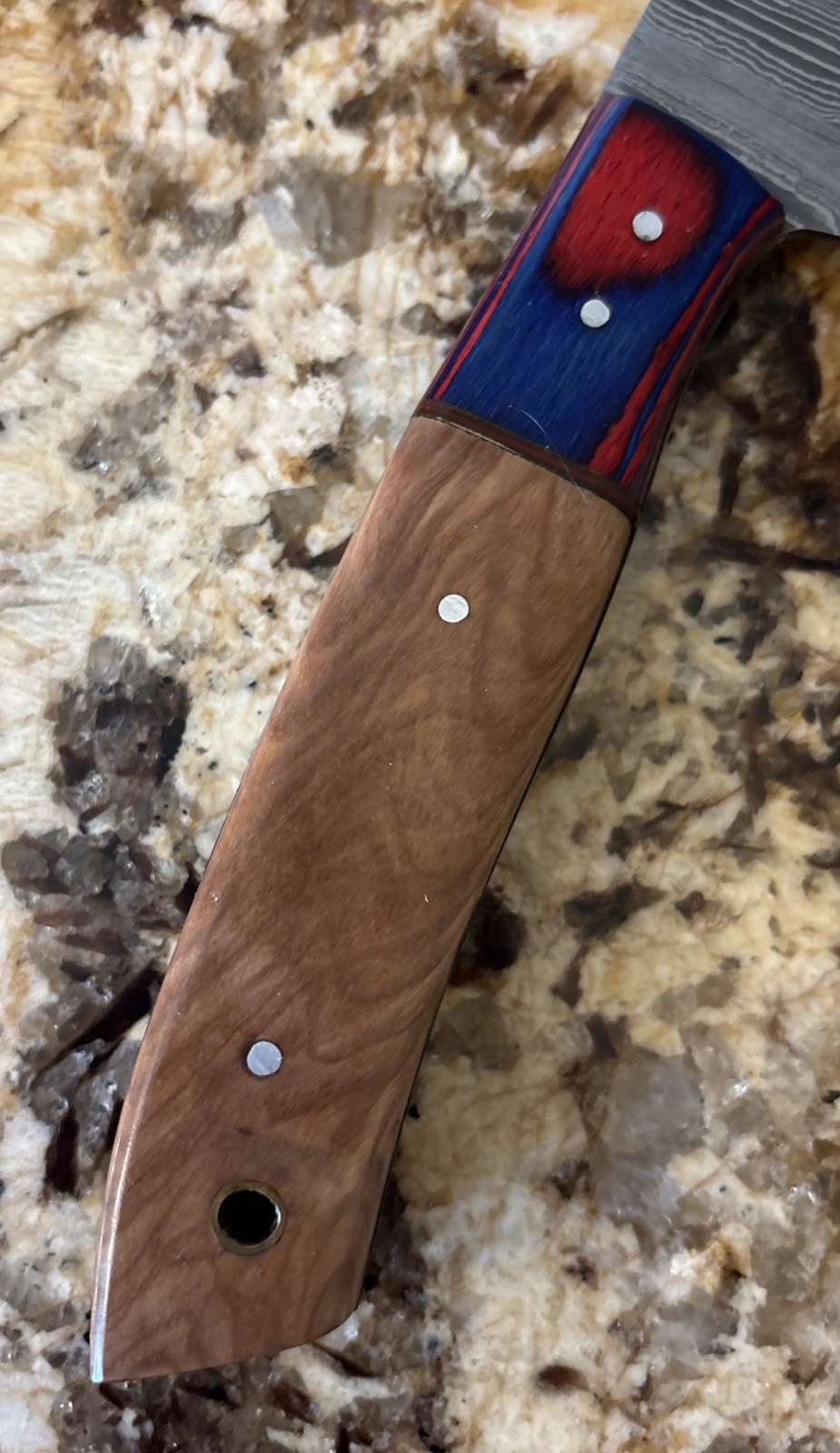 13” Damascus Serrated Bread Knife W/ Multi Colored Wood Handle & Leather Sheath