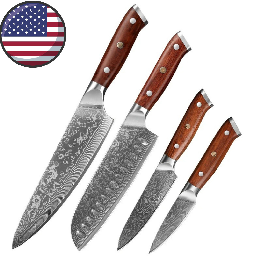 67 Layer Damascus Kitchen Knife Set 4PC Chef Santoku Utility Paring Rosewood