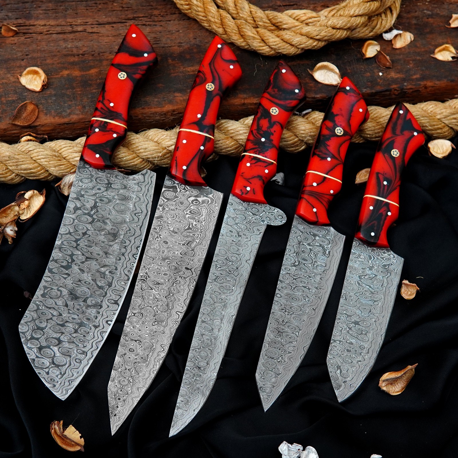 CUSTOM HANDMADE RAINDROP DAMASCUS HAMMERED 5 PIECES CHEF SET W/ LEATHER BAG