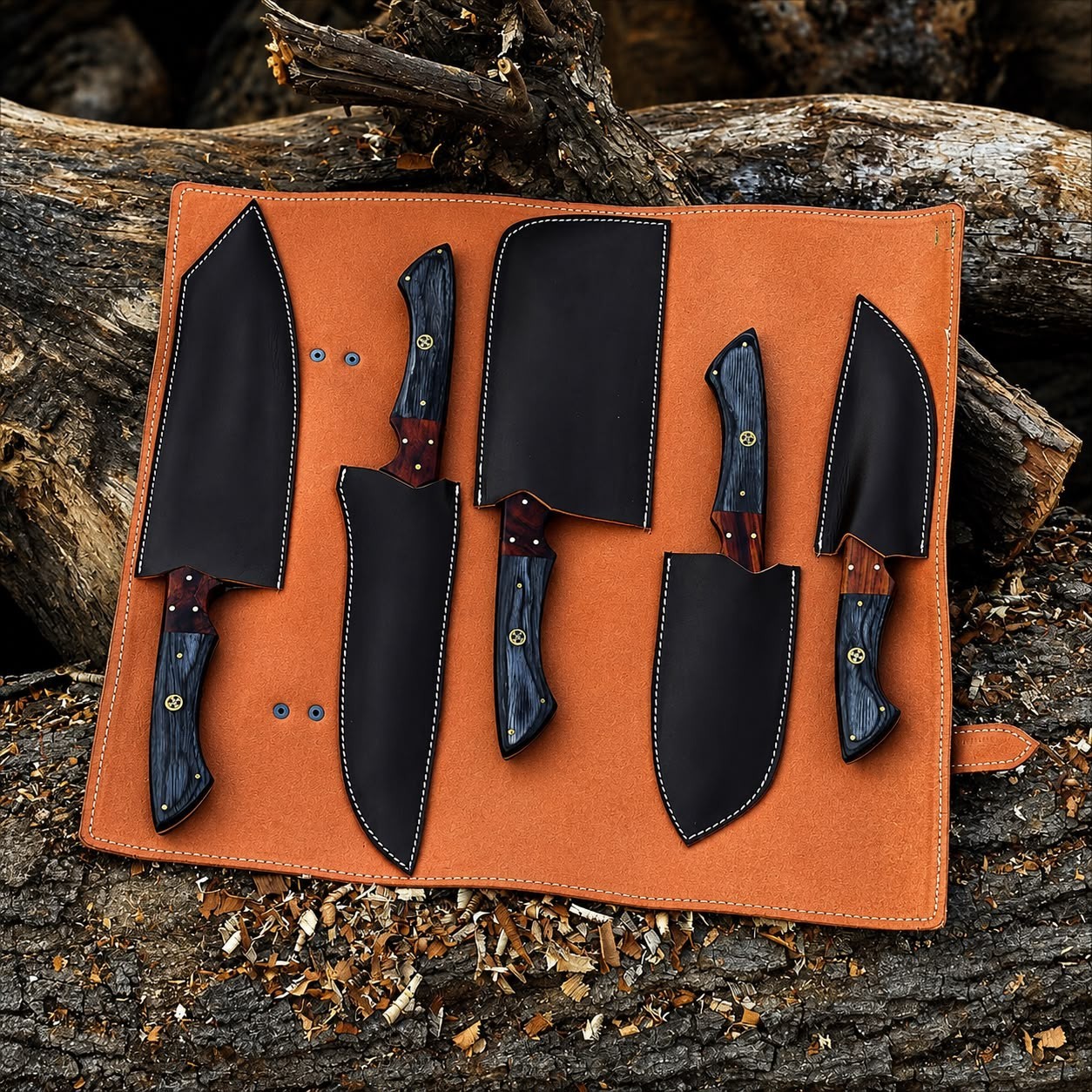 Custom Handmade Damascus Steel Chef Knife Set 5PCS Kitchen Knives with Leather