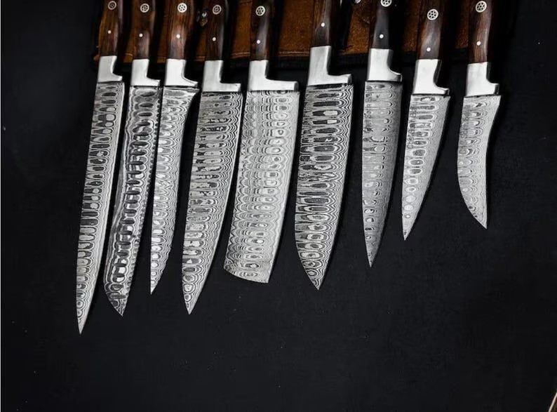 Hand-Forged Damascus Steel Chef Set | 9-Piece Set With Leather Sheath