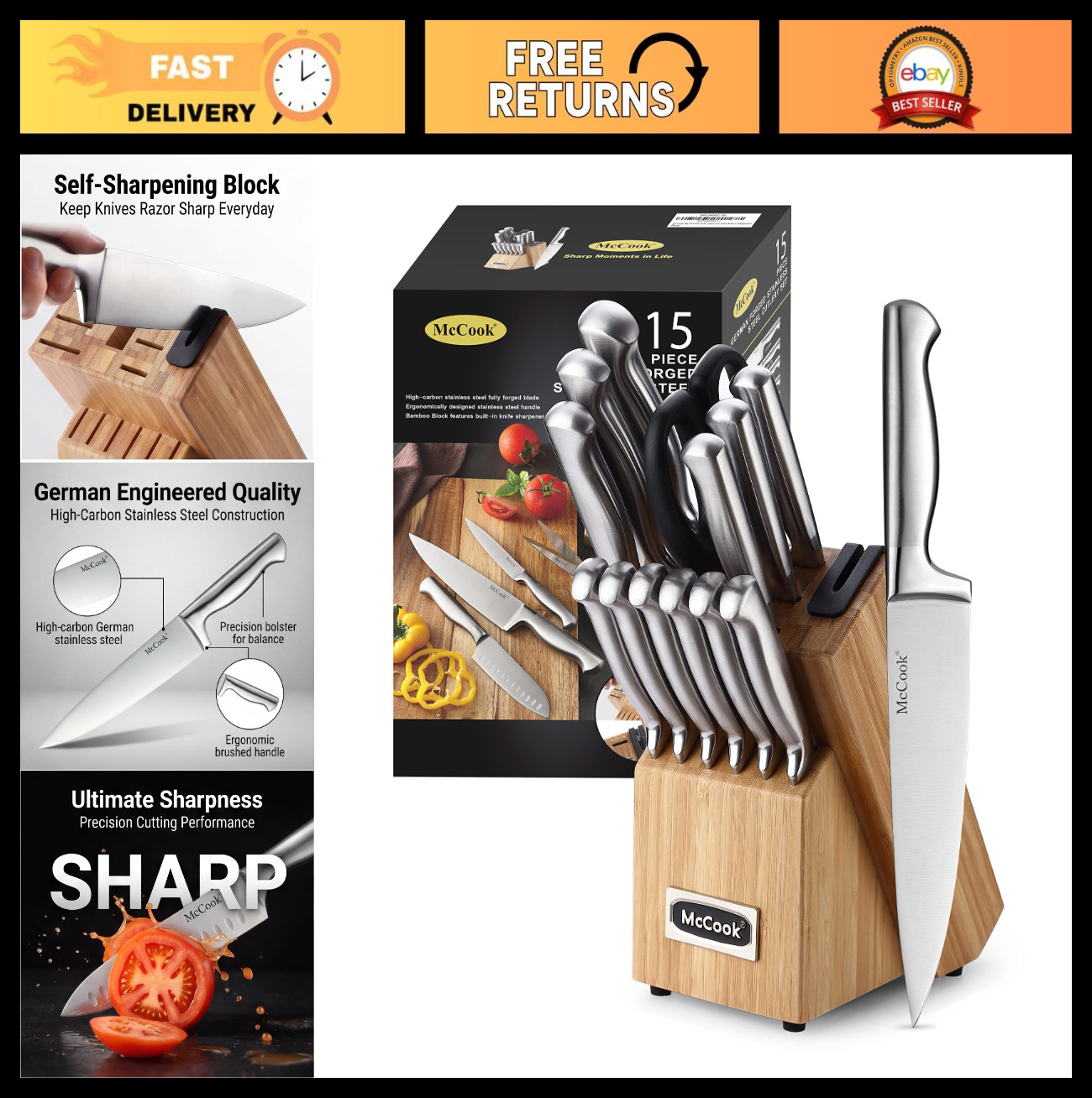 15-Piece German Stainless Steel Knife Set with Sharpener, Razor Sharp, Anti-Rust