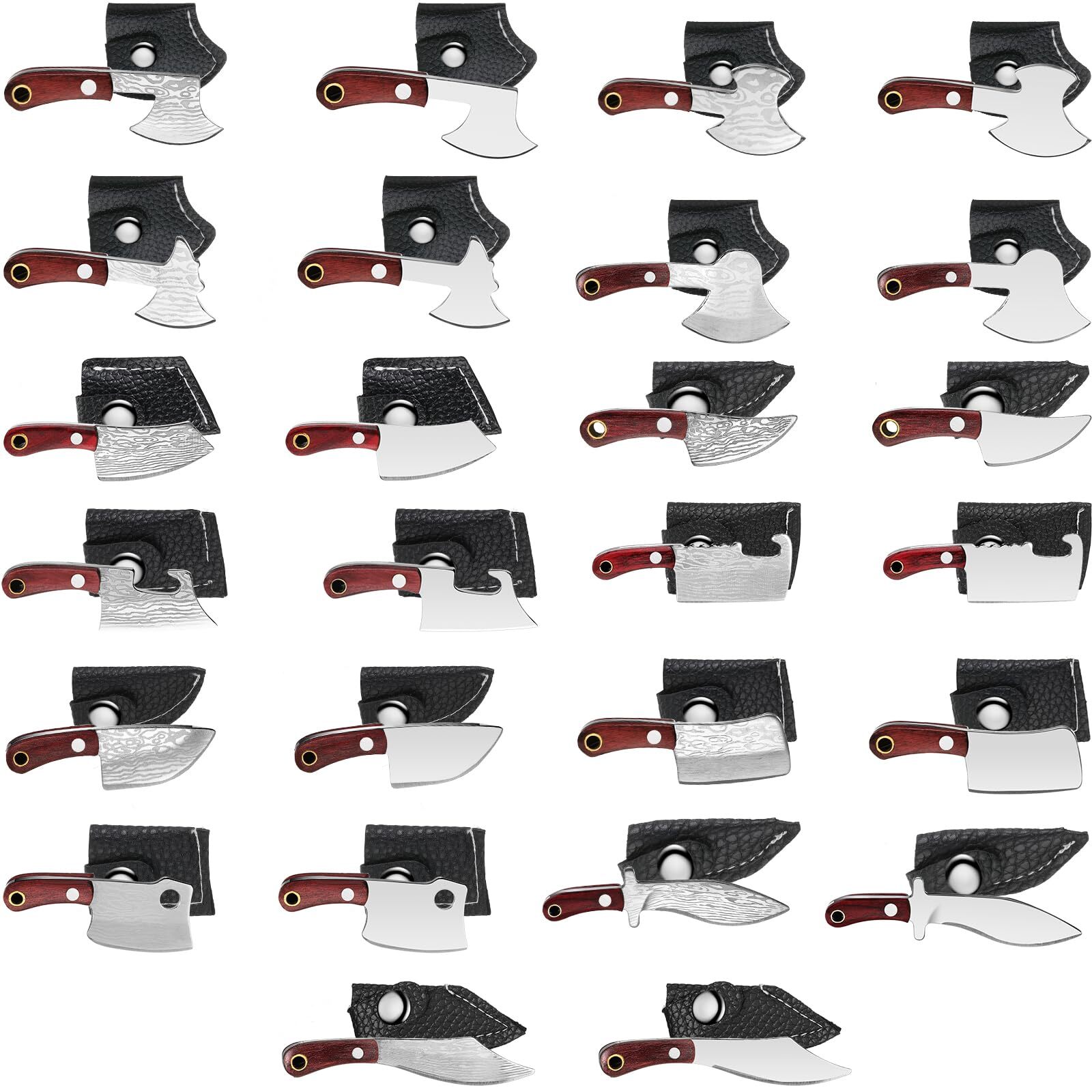 26 Pcs Mini Knife Set Damascus Pattern Chef Knife Mini Cutters Keychain Tiny Poc