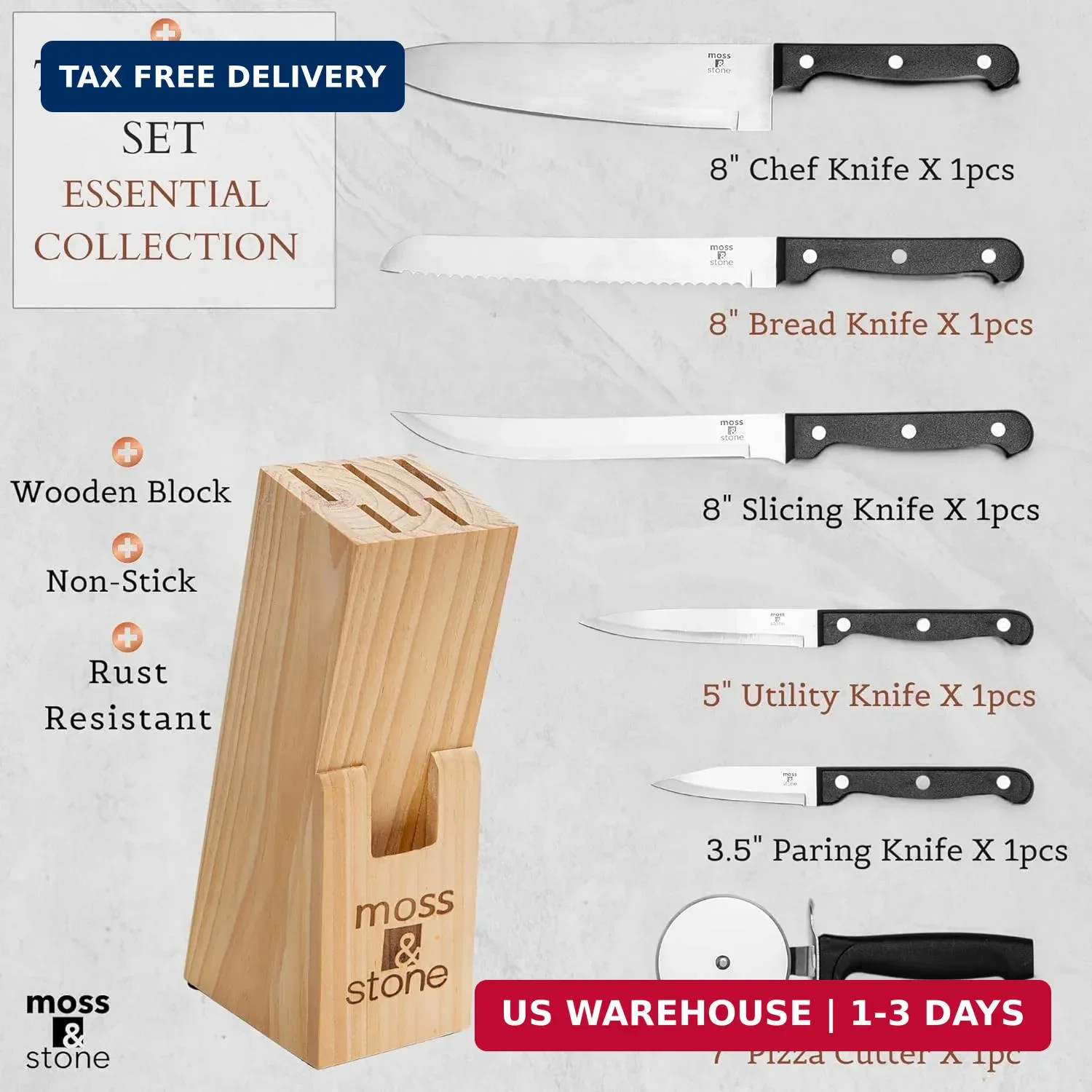 Moss & Stone 7-Piece Kitchen Knife Set with Block – Stainless Steel Serrated Kit