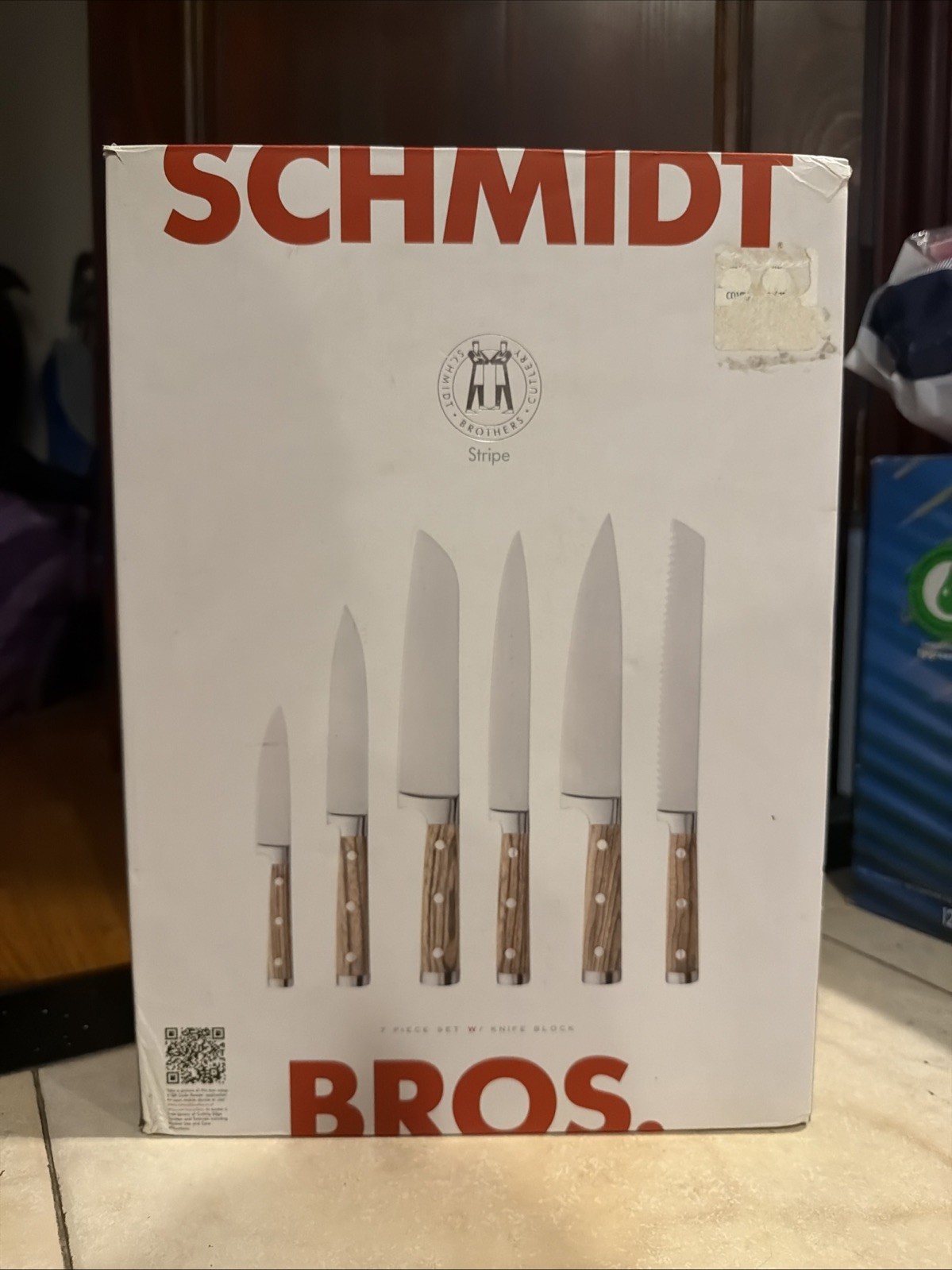 NEW Schmidt Bros Stripe 7 Piece Set With Knife Block Zebra Wood Handles Germany