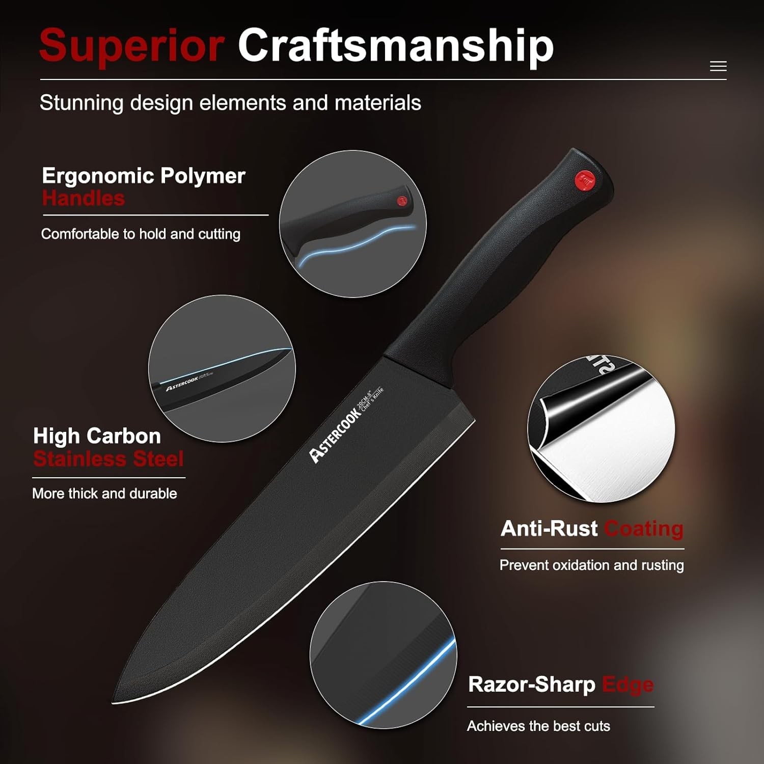 Astercook 15-Piece Multipurpose Knife Set – Rust-Free, Sharp, Dishwasher Safe