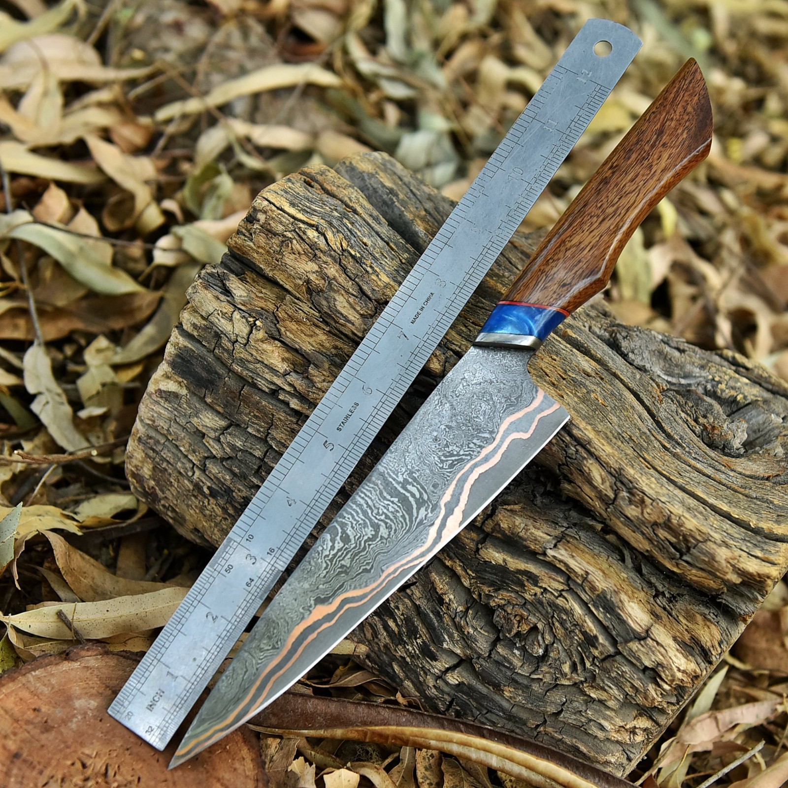 Copper Damascus Chef Knife – Handmade Kitchen Knife – Copper Blade Chef Knife