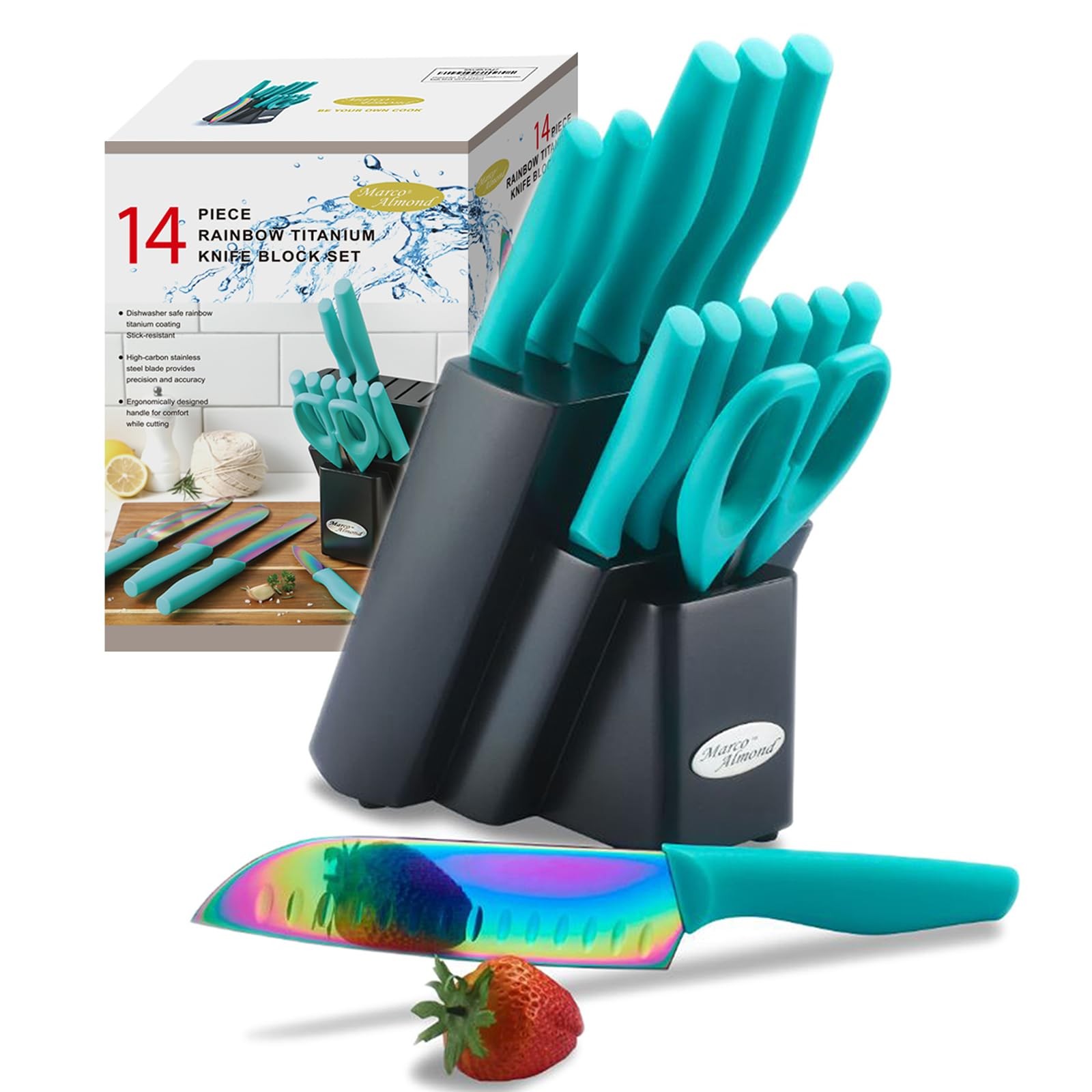 Knife Block Set, Knife Set Rainbow Color, 14 Piece Stainless Steel Kitchen Kn…