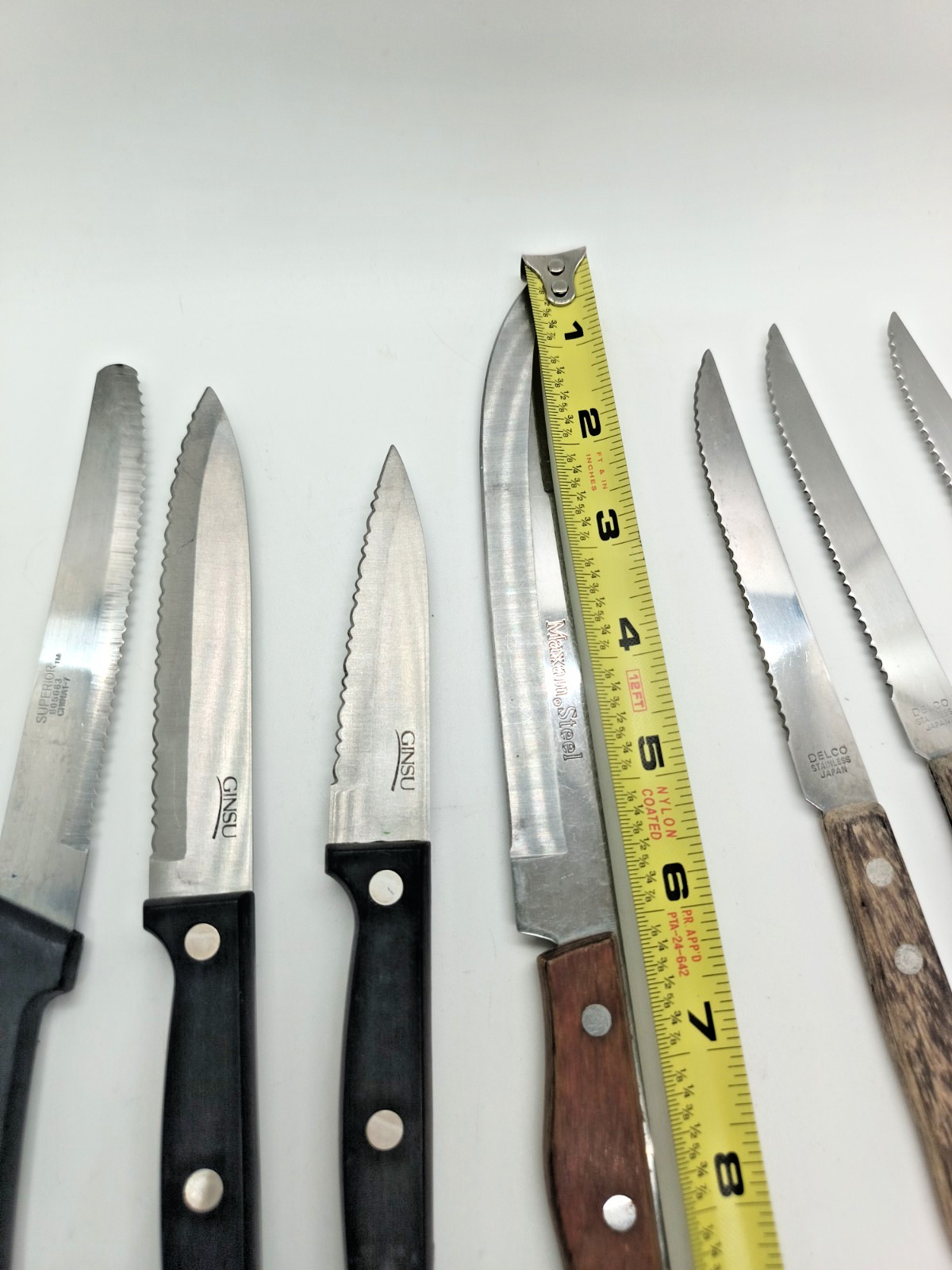 7 Steak Knives, Ginsu Delco Maxam Steel 6” Superior Hanford Forge Lot Wooden
