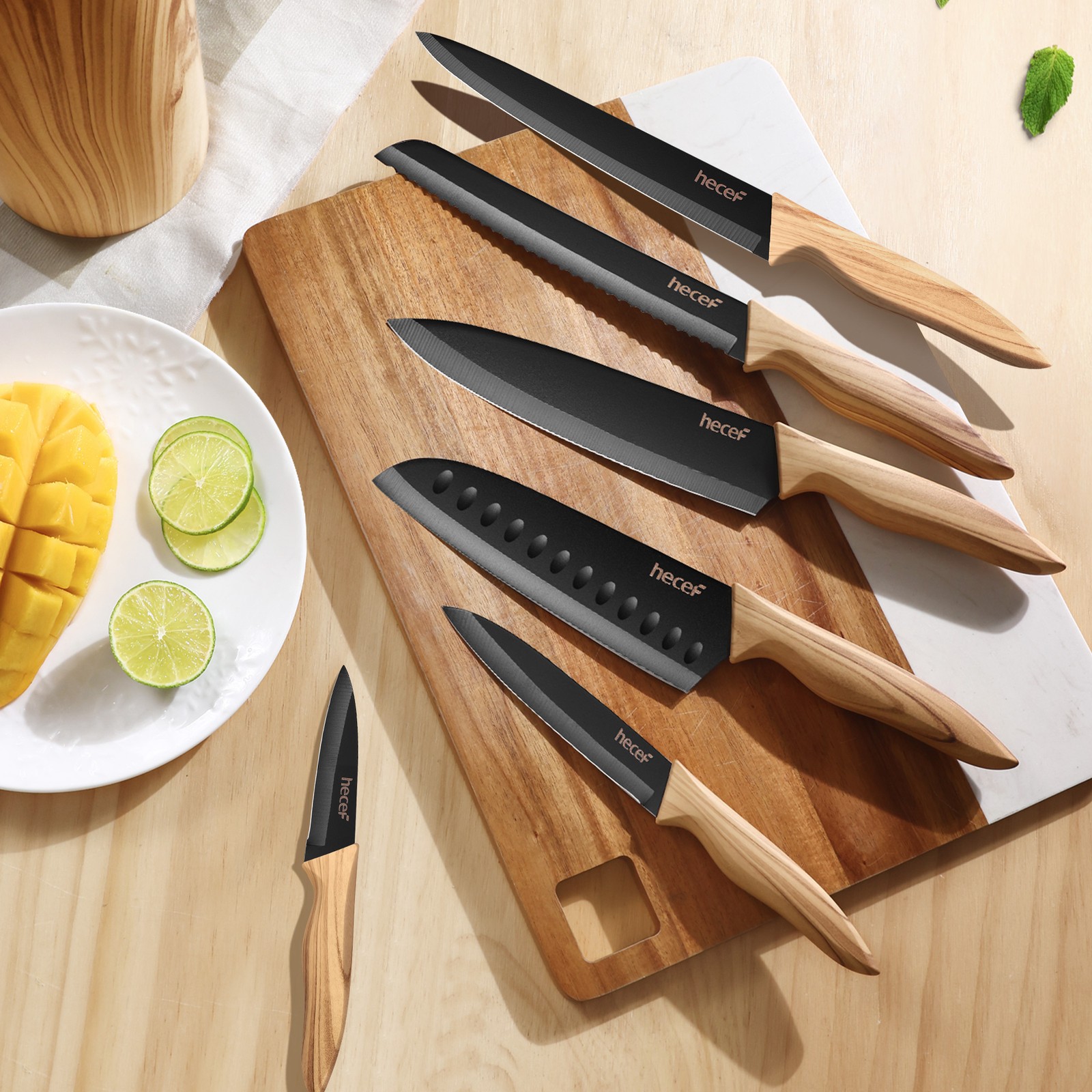 6PCS kitchen knife set extra sharp stainless steel blades olive wood handles