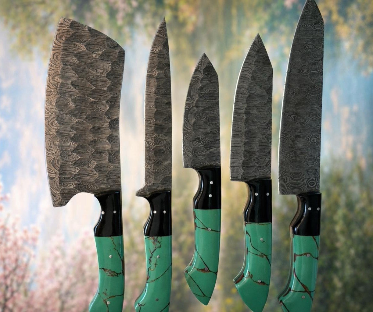 Handmade Forged Damascus Steel Fixed Blades Chef Kitchen Knives Set