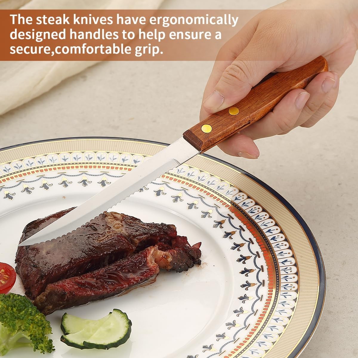Steak Knives Set of 12, Wood Handle Stainless Steel Steak Knife Set, Serrated