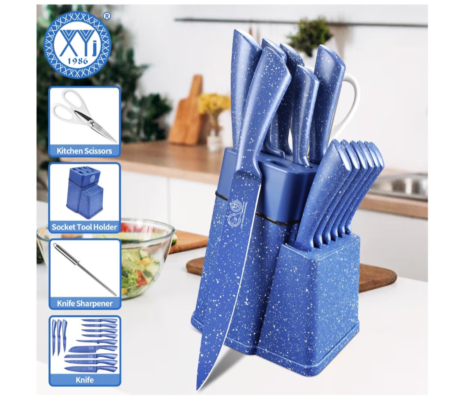 XYJ Authentic Since 1986,Kitchen Knife Block Set,Stainless Steel Knife Set New