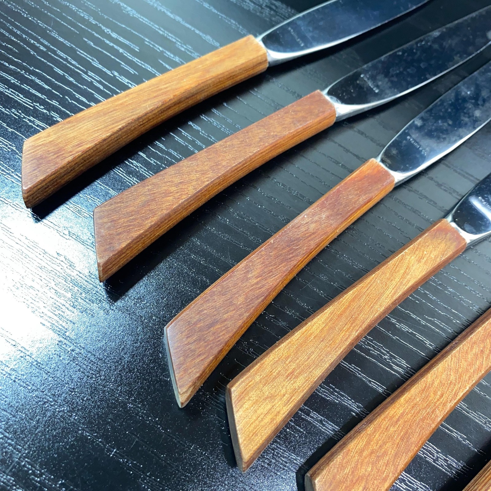 Vintage Steak Knives Set Of 7 Teak Wood Handles Stainless With Tray Brown MCM