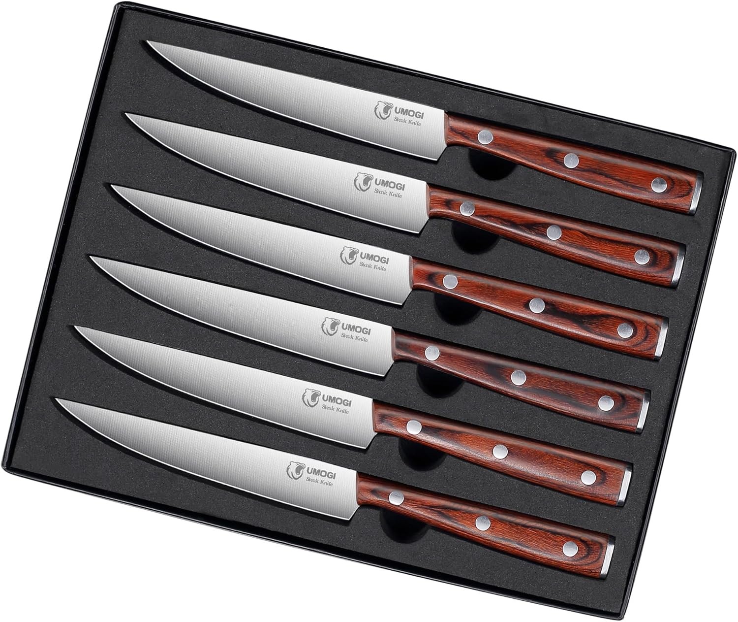 Premium Steak Knives Set of 6 in Gift Box – Polished Wood Handle, HC German Stai