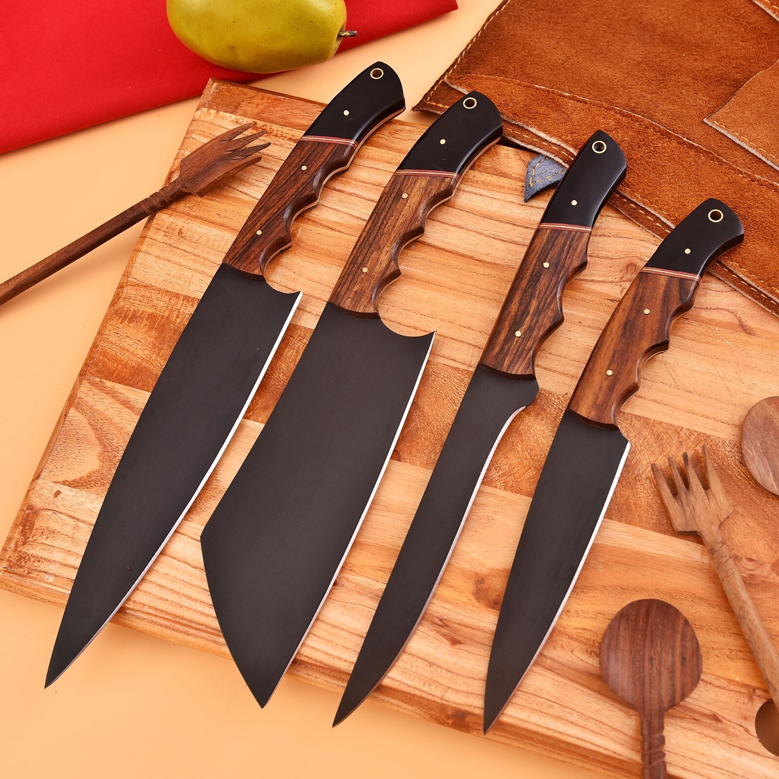 4Pcs Handmade High Carbon Steel Black Kitchen Knife Chef Set with Leather Roll