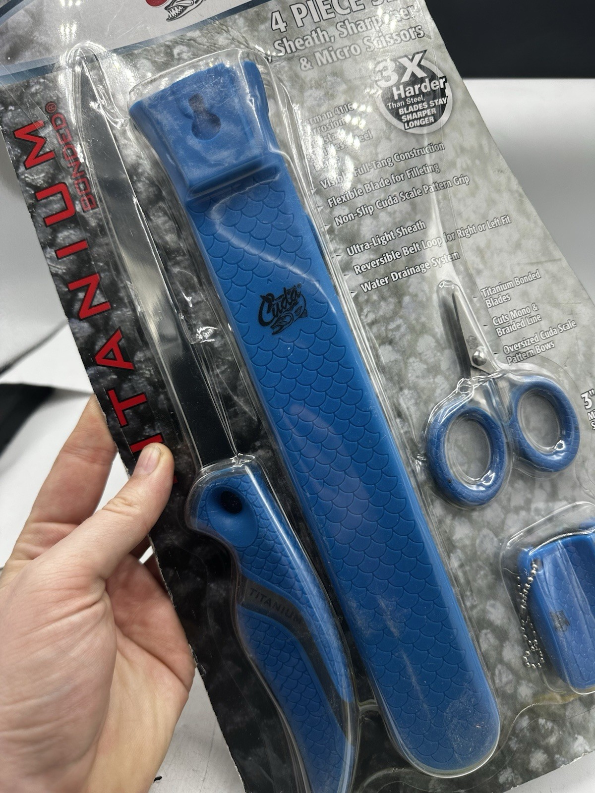 Cuda Titanium 4 Piece Fishing Set – 7″ Fillet Knife, Sheath, Sharpener, Scissor